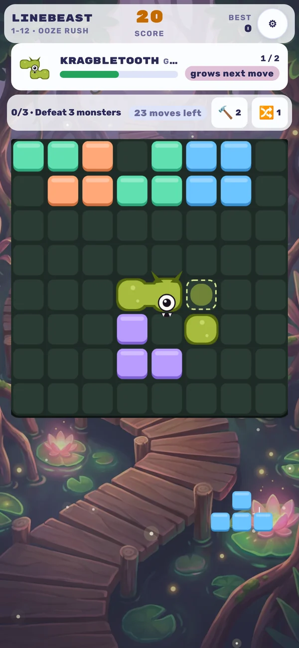 A swamp level: the goal bar shows three monsters to defeat and 23 moves left