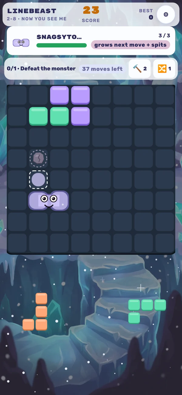 An Ice Cave level with a ghost monster and its dotted landing spots