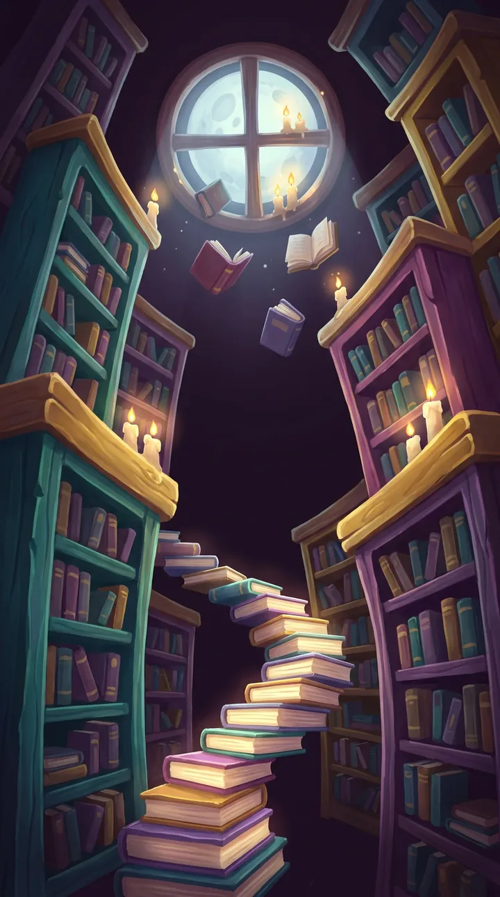 The Haunted Library: tall shelves lit by candles