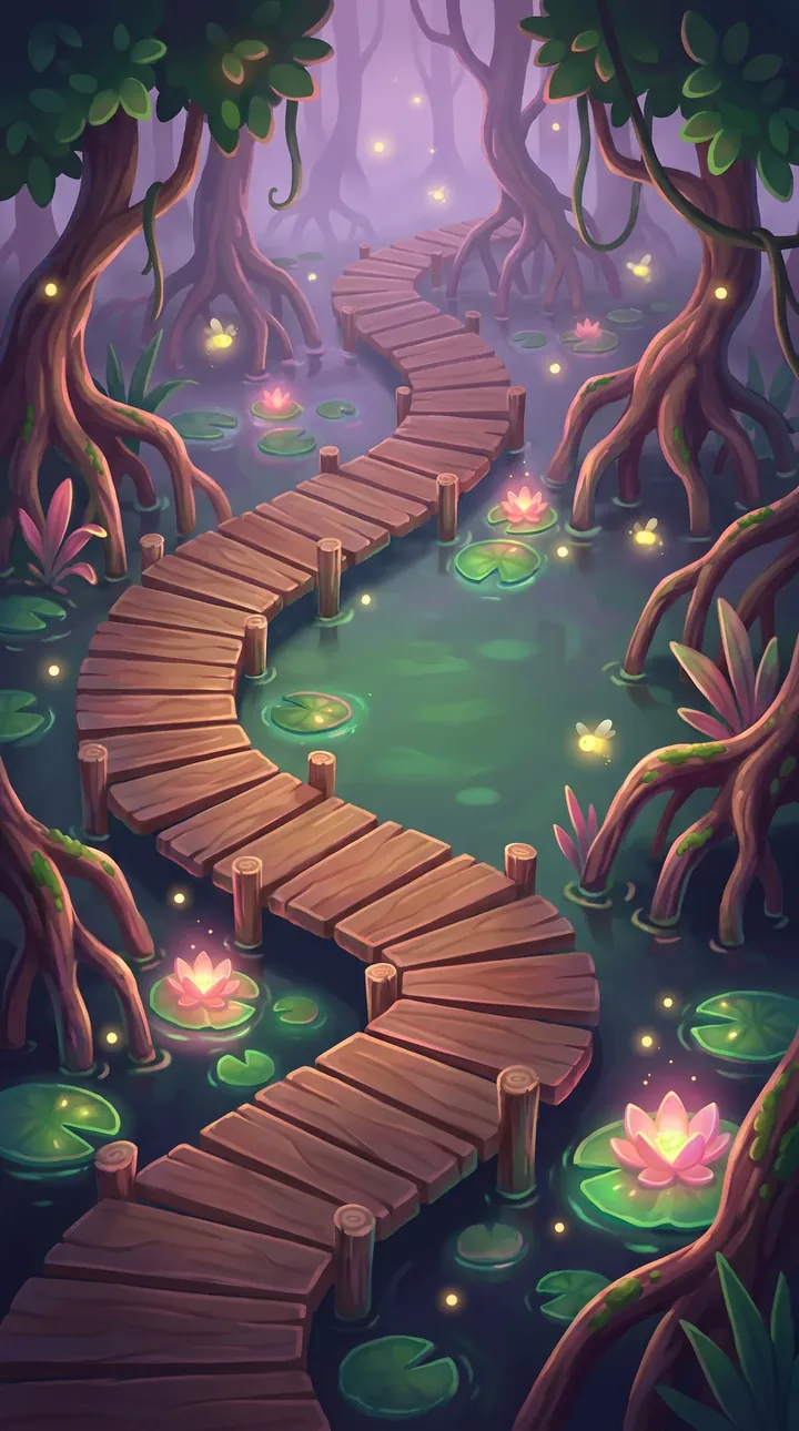 The Gloomy Swamp: a wooden path over dark water with lily pads and fireflies